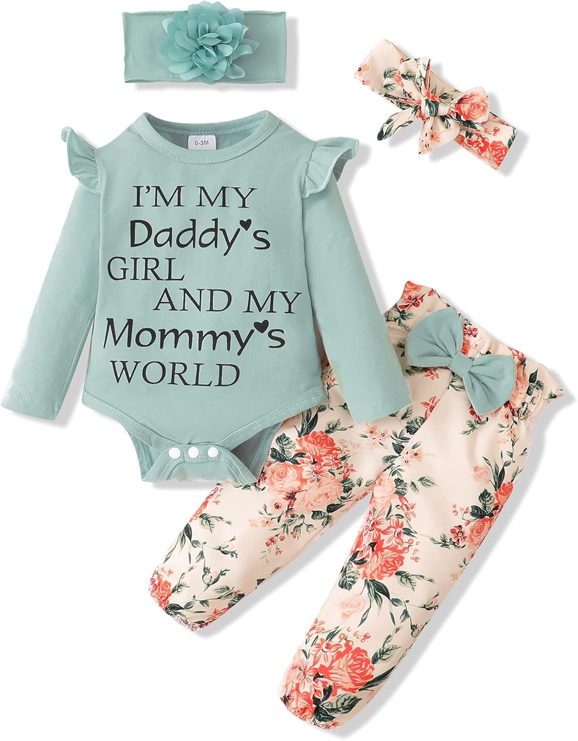Infant Baby Girl Floral Ruffle Romper and Pants Set - 4-Piece Toddler Outfit