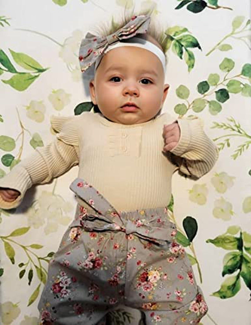 Newborn Baby Girl 3-Piece Outfit Set: Ribbed Ruffle Sleeve Romper, Floral Pants, and Headband
