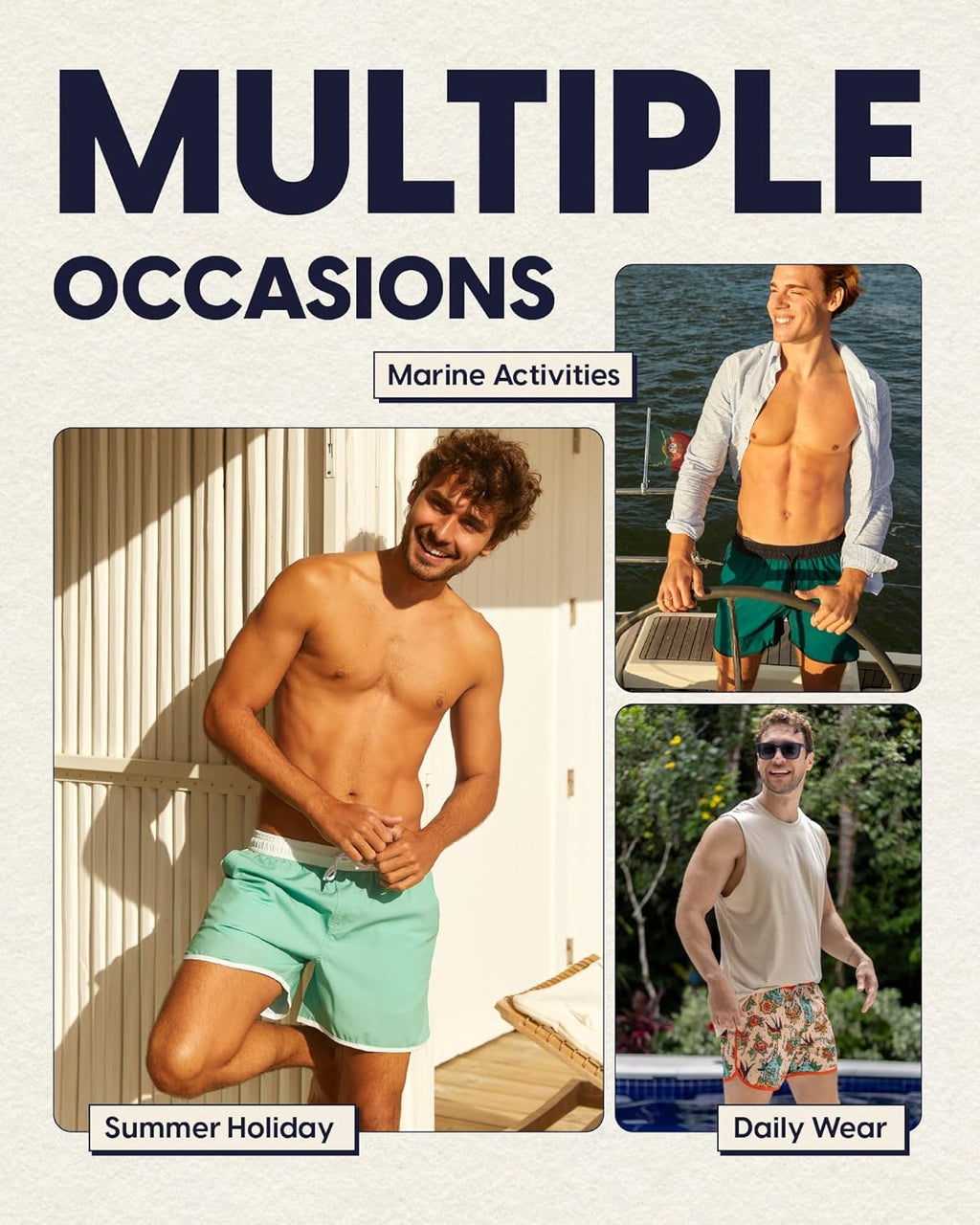 Men's Vintage 80s 90s Swim Trunks with Mesh Lining - Quick Dry Board Shorts