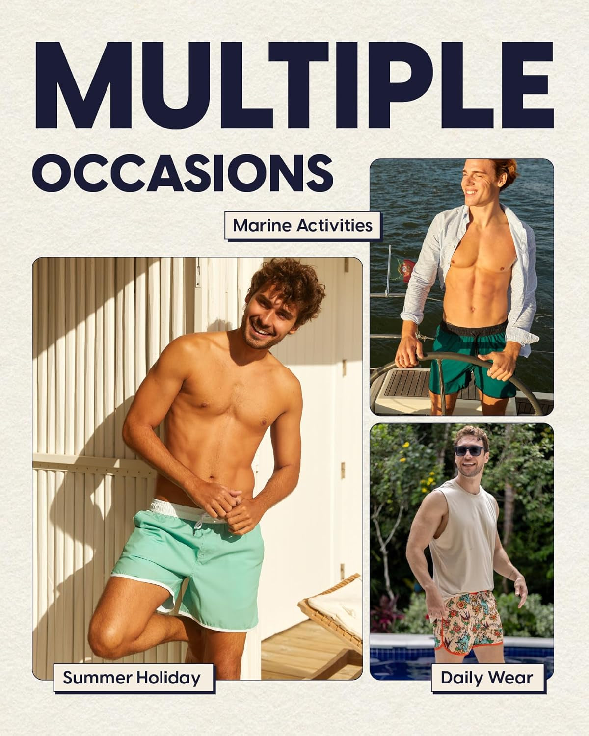 Men's Vintage 80s 90s Swim Trunks with Mesh Lining - Quick Dry Board Shorts