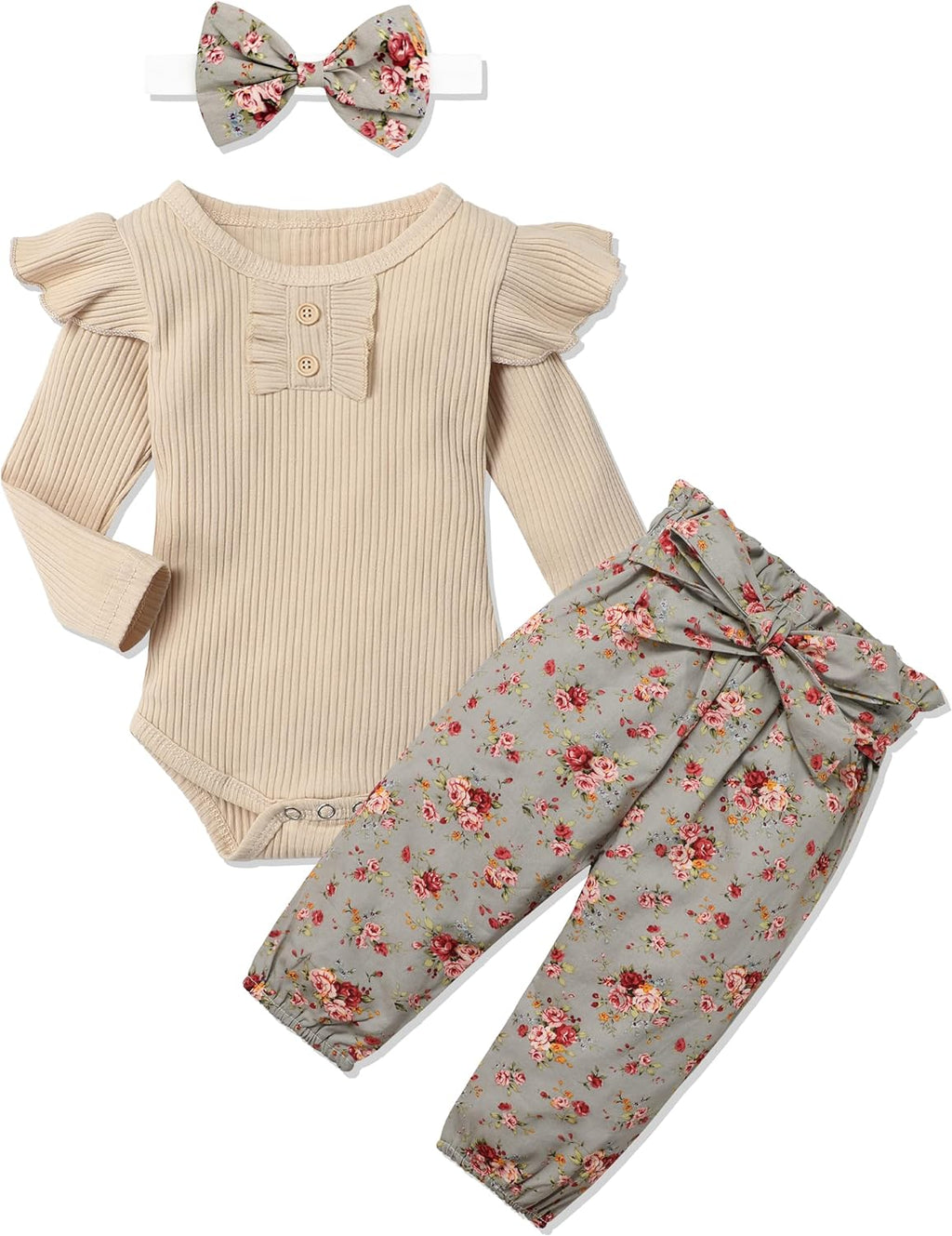 Newborn Baby Girl 3-Piece Outfit Set: Ribbed Ruffle Sleeve Romper, Floral Pants, and Headband