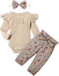 Newborn Baby Girl 3-Piece Outfit Set: Ribbed Ruffle Sleeve Romper, Floral Pants, and Headband