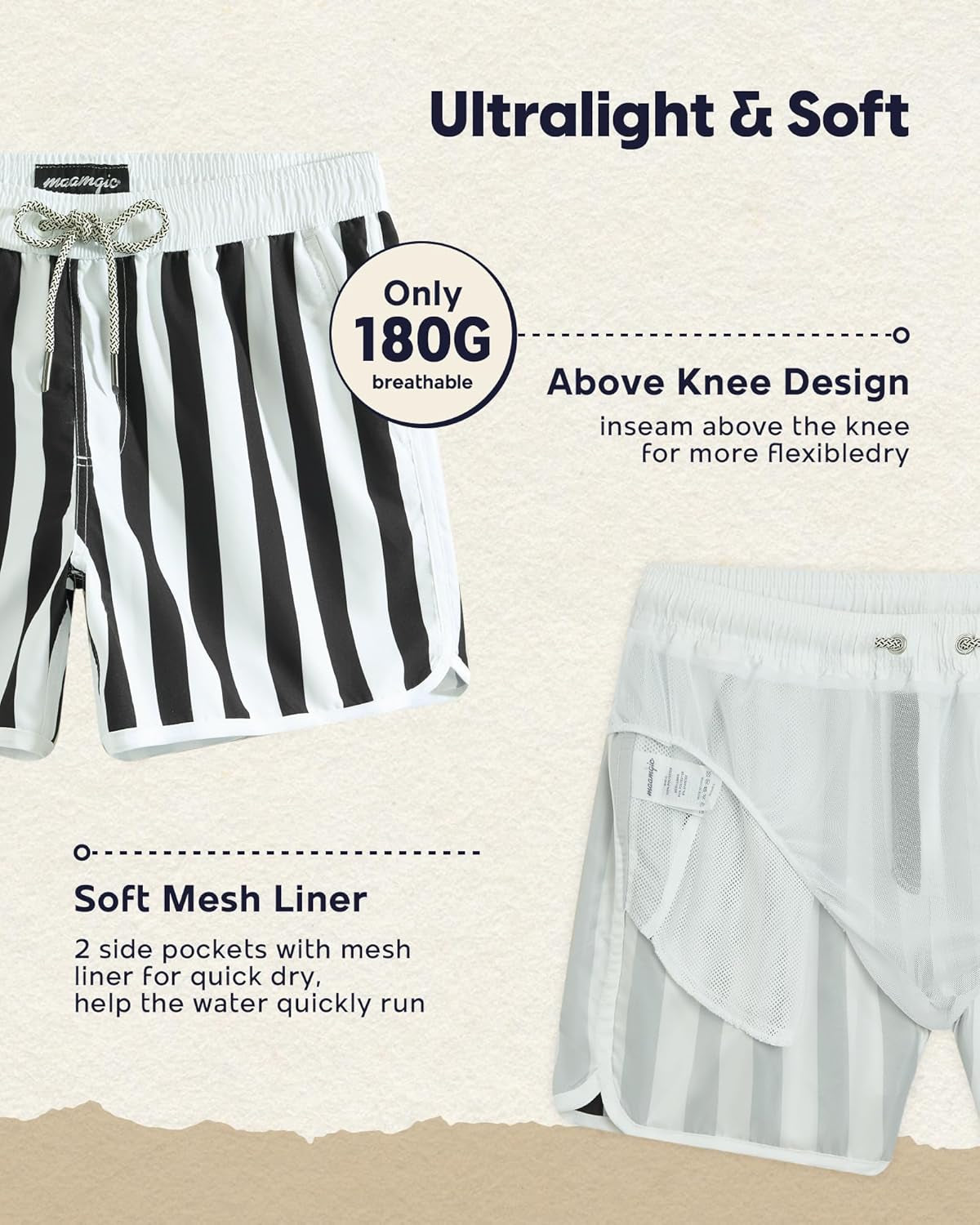 Men's Vintage 80s 90s Swim Trunks with Mesh Lining - Quick Dry Board Shorts