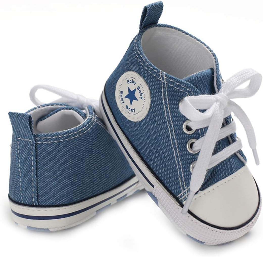 Tutoo Unisex High Top Sneakers for Infants - Soft Anti-Slip Sole Canvas Denim First Walkers