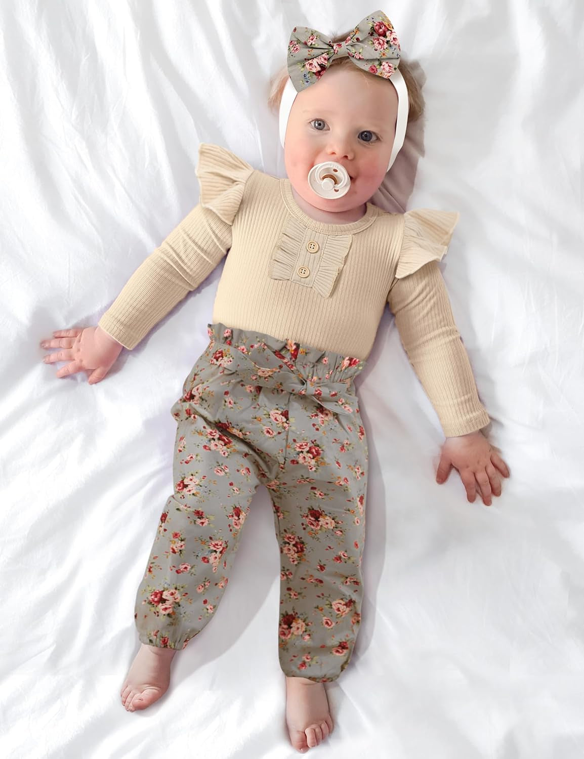 Newborn Baby Girl 3-Piece Outfit Set: Ribbed Ruffle Sleeve Romper, Floral Pants, and Headband