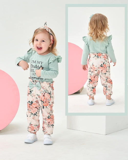 Infant Baby Girl Floral Ruffle Romper and Pants Set - 4-Piece Toddler Outfit