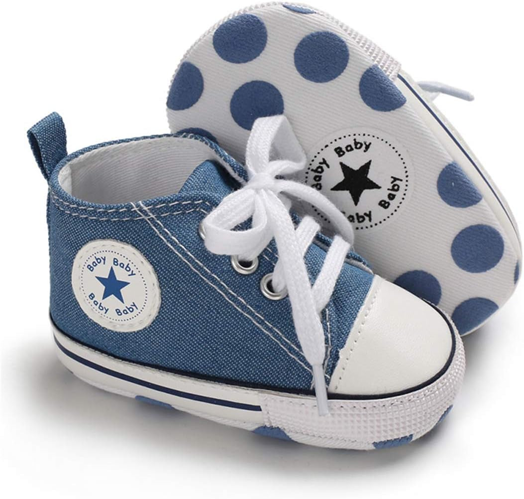 Tutoo Unisex High Top Sneakers for Infants - Soft Anti-Slip Sole Canvas Denim First Walkers