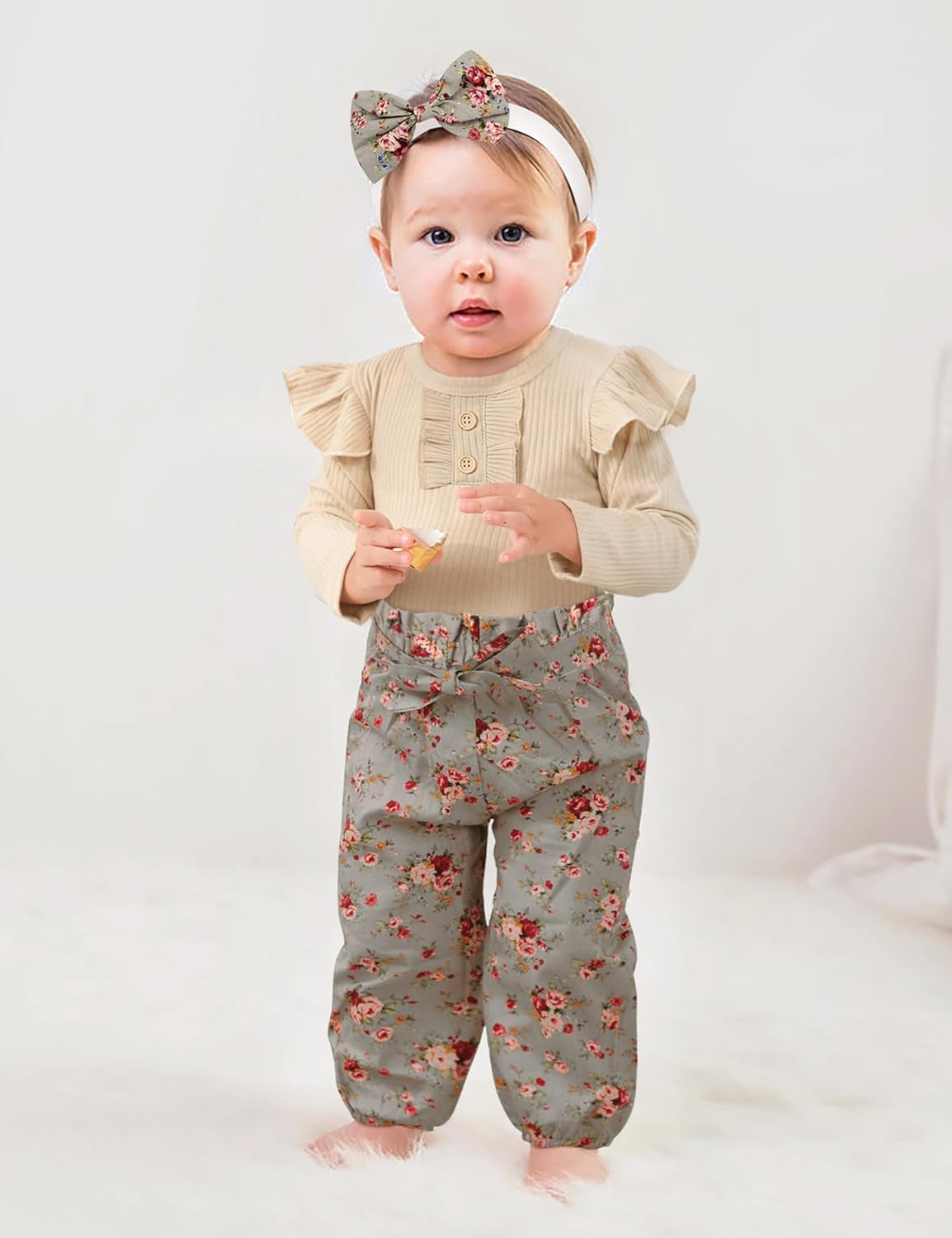 Newborn Baby Girl 3-Piece Outfit Set: Ribbed Ruffle Sleeve Romper, Floral Pants, and Headband