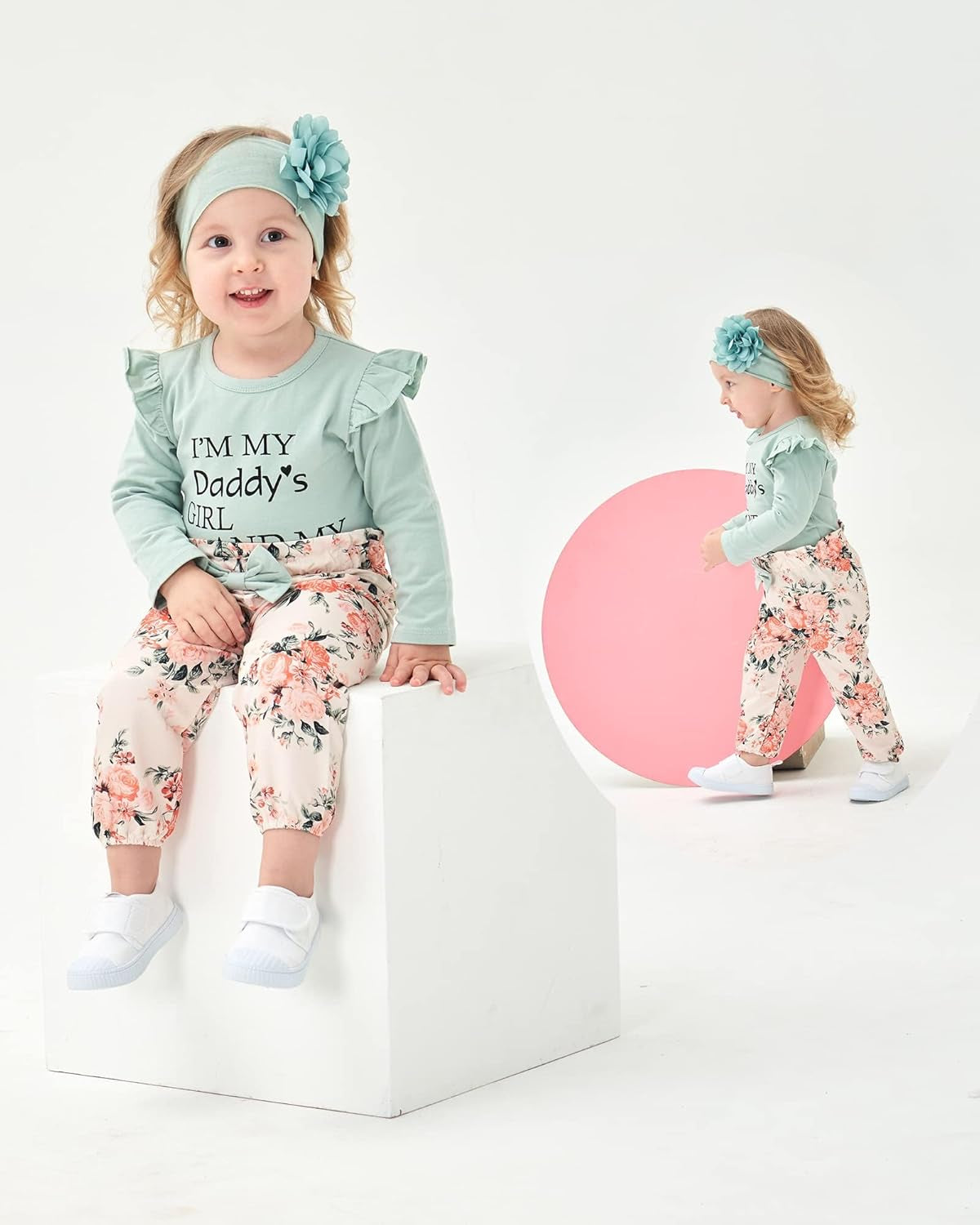 Infant Baby Girl Floral Ruffle Romper and Pants Set - 4-Piece Toddler Outfit